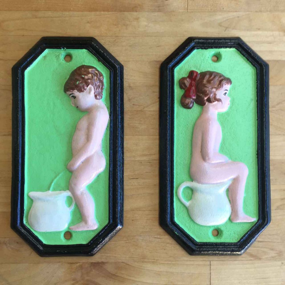 Cast iron boy & girl bathroom signs green