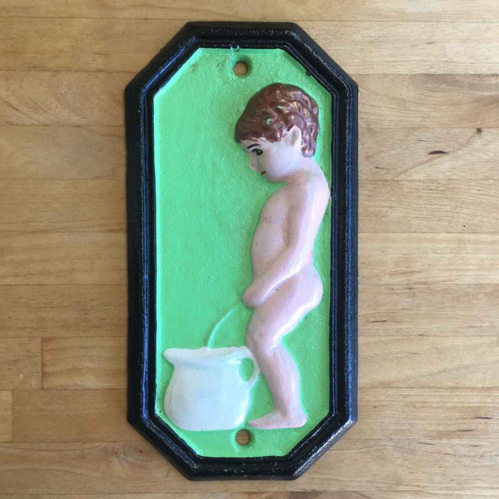 Cast iron boy & girl bathroom signs green