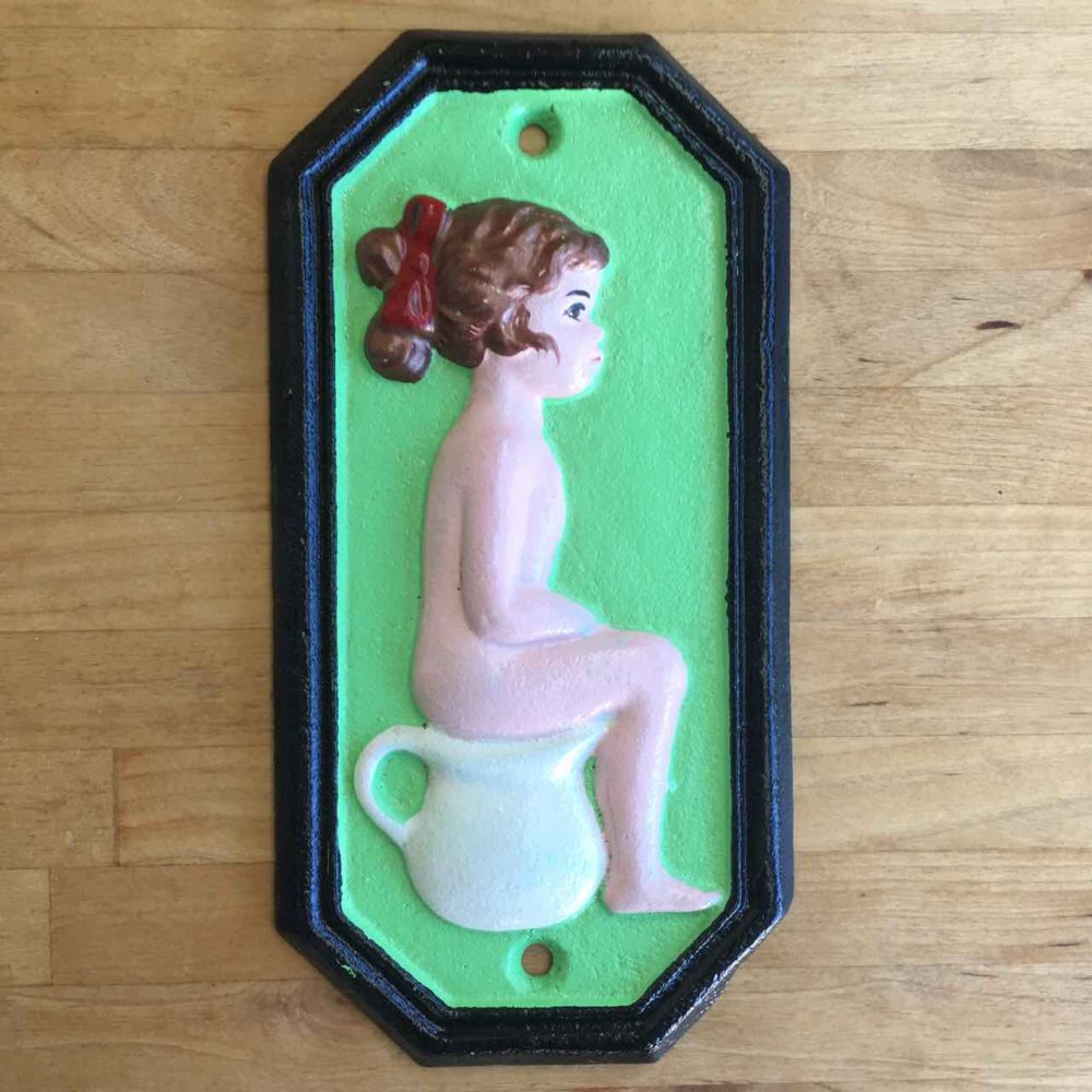 Cast iron boy & girl bathroom signs green