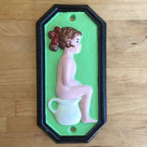 Cast iron boy & girl bathroom signs green