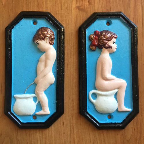 Cast iron boy & girl bathroom signs Blue
